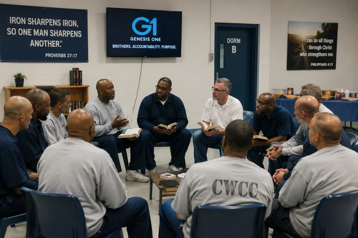 Men's accountability group meeting at Clara Waters Correctional Center with Genesis One Network volunteers