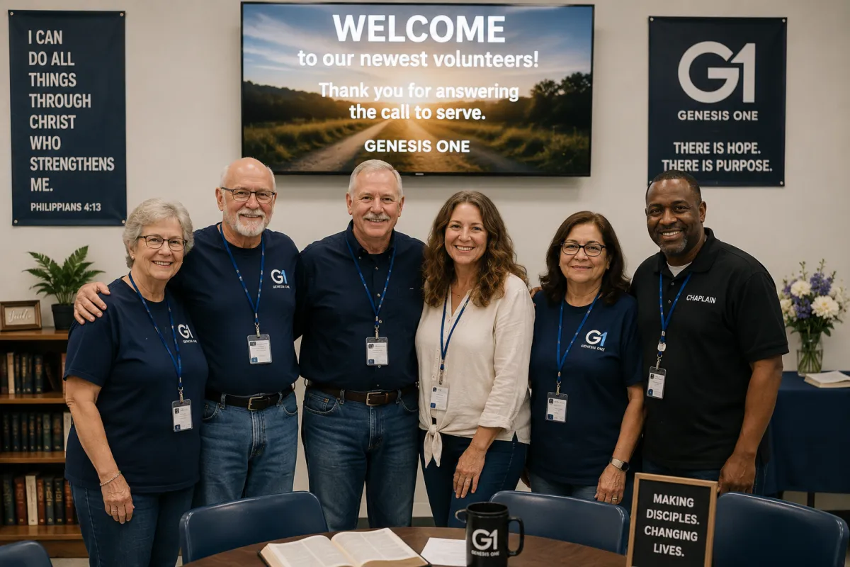 Genesis One Network new volunteer team at Eddie Warriors Correctional Center welcoming Robert and Kira Hayter