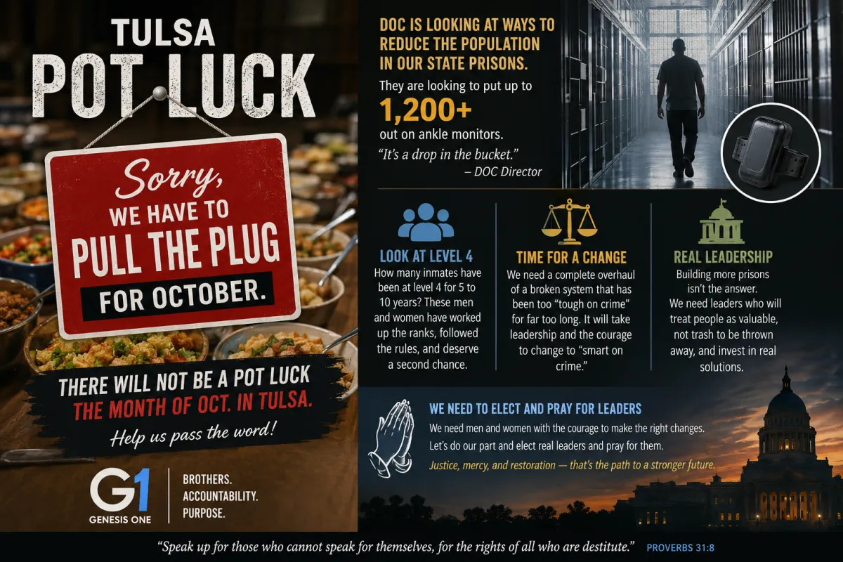Genesis One Network Tulsa Pot Luck update on Oklahoma DOC prison reform and recidivism