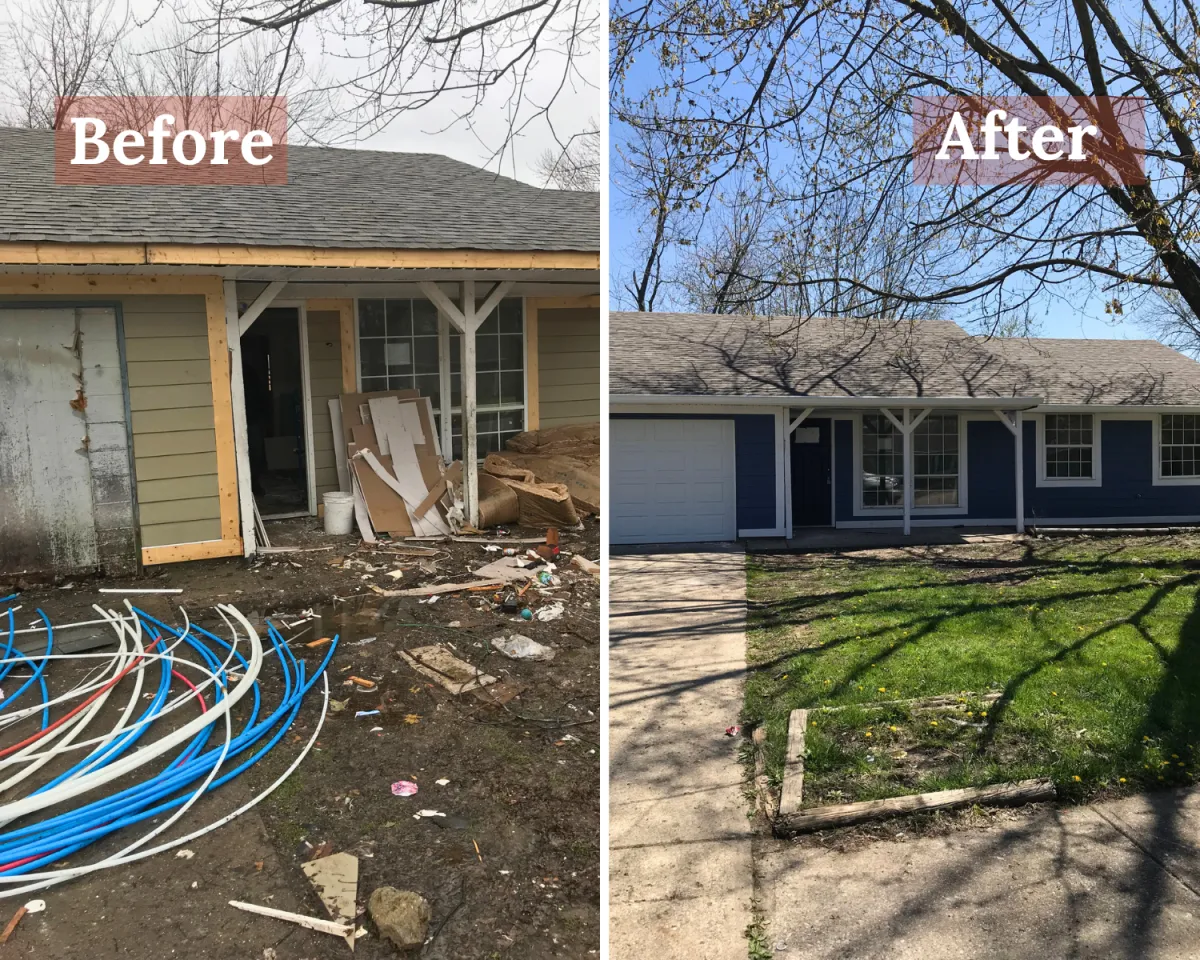 Before and after photo of a single-family fix and flip renovation project showing the home before construction and after exterior improvements