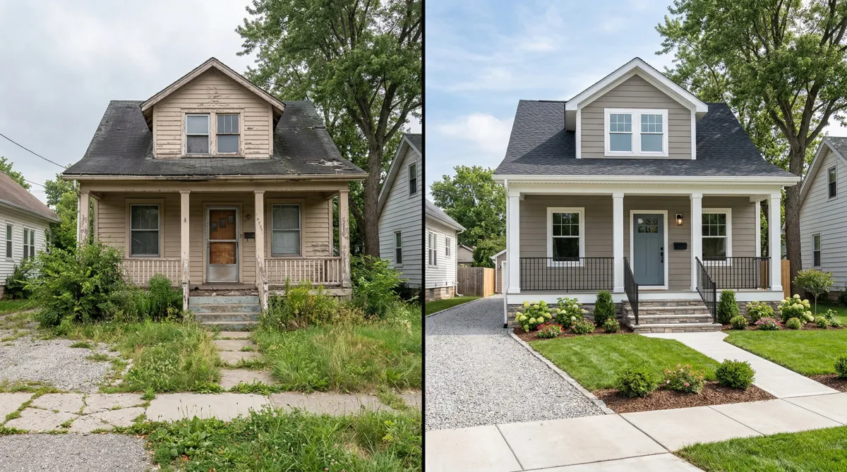 Before-and-after exterior view of a renovated Indianapolis investment property showing a distressed home transformed into an updated rental-ready house