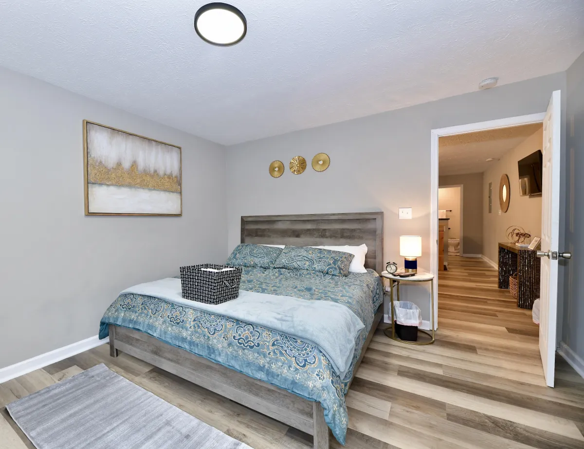 Furnished bedroom in a short-term rental property in Indianapolis Indiana