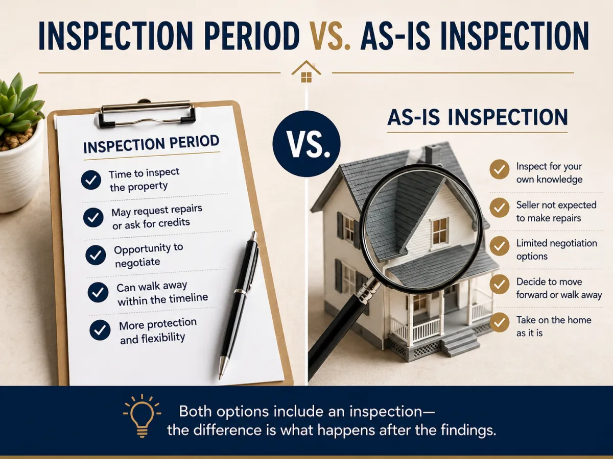 Inspection Period vs. As-Is Inspection graphic explaining the difference between traditional home inspection rights and buying a home as-is.