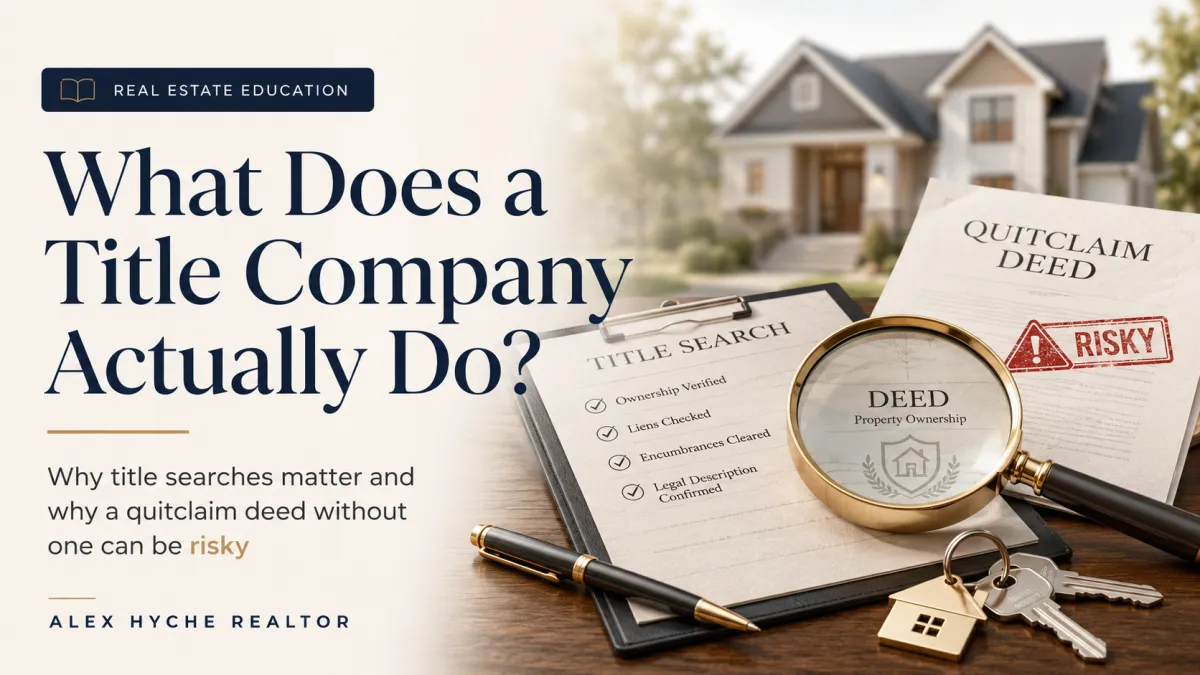 Graphic for a real estate education blog post titled “What Does a Title Company Actually Do?” showing title search documents, a deed, a quitclaim deed marked risky, house keys, and Alex Hyche Realtor branding.