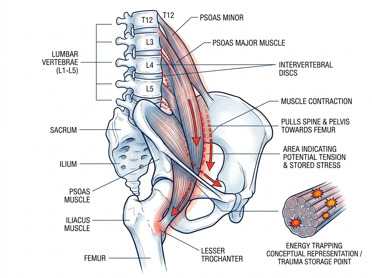 Illustration of the psoas muscle and how it stores stress and trauma - emotional trauma release therapy