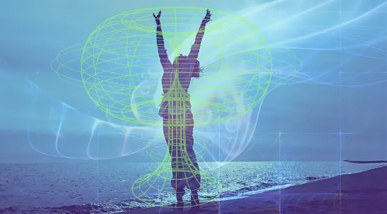 Silhouette of a person with arms raised, standing on a beach at sunset, overlaid with a glowing green geometric pattern resembling an energy field or aura.