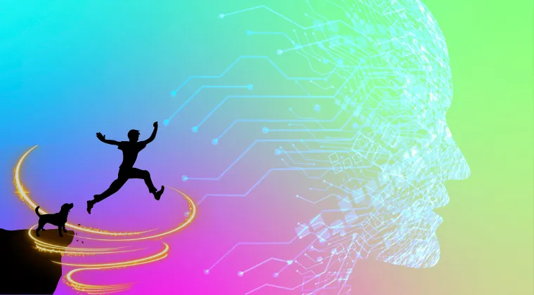  A silhouette of a person leaping joyfully with a dog, bridging colorful digital circuits and organic nature, symbolizing the harmony between technology and human creativity.