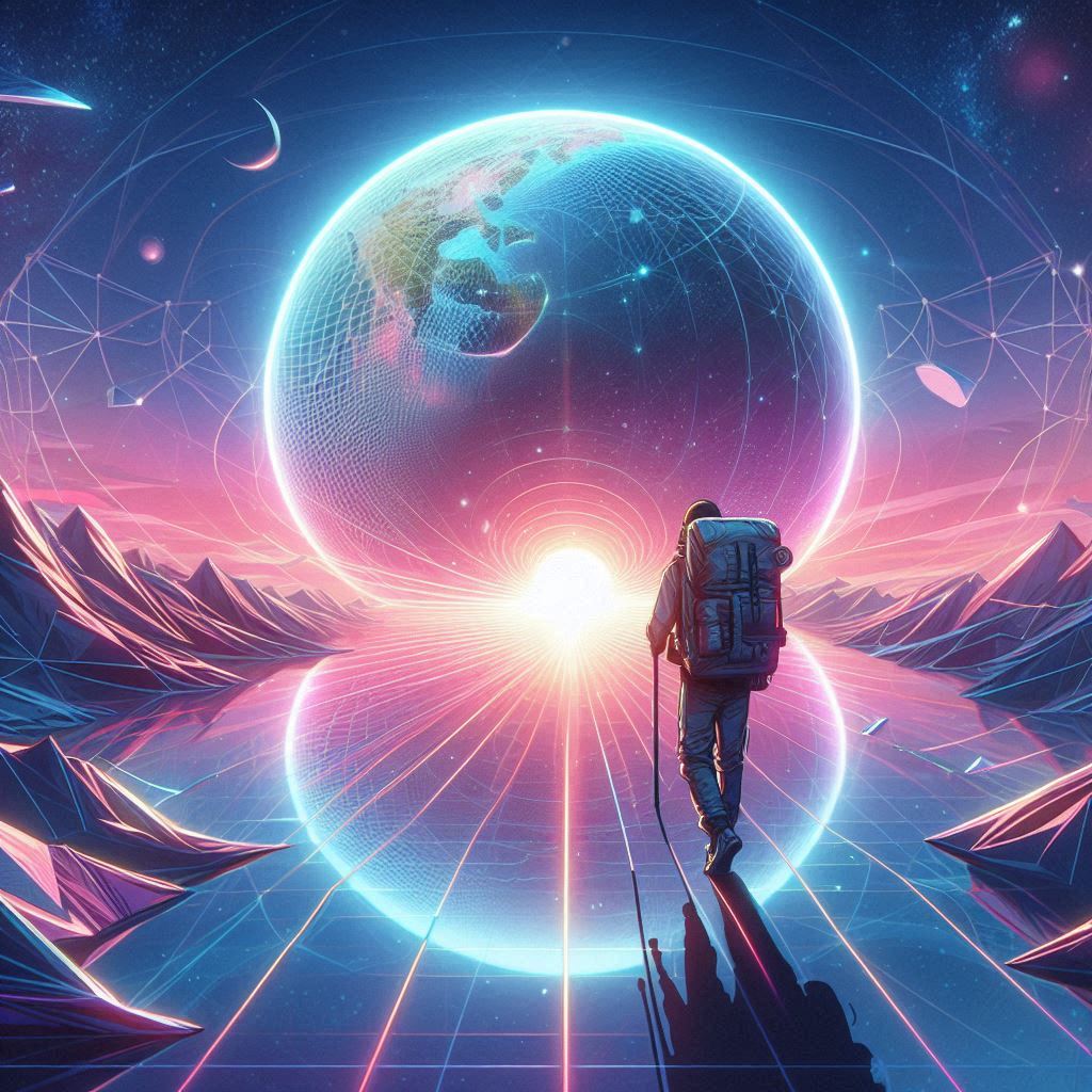 A lone traveler with a backpack walking toward a glowing horizon, where a holographic Earth floats against a cosmic backdrop of stars and vibrant pink skies, symbolizing the journey of self-discovery and connection with the universe.