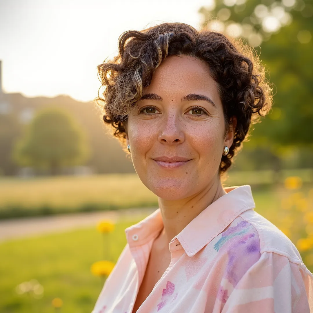 A smiling individual with short curly hair wearing a white shirt, standing in front of ancient ruins, representing a blend of modern mindfulness and historical exploration.