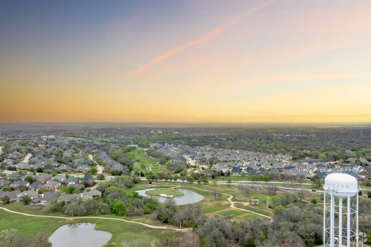 Aerial view of homes and the golf course in Lantana, Texas