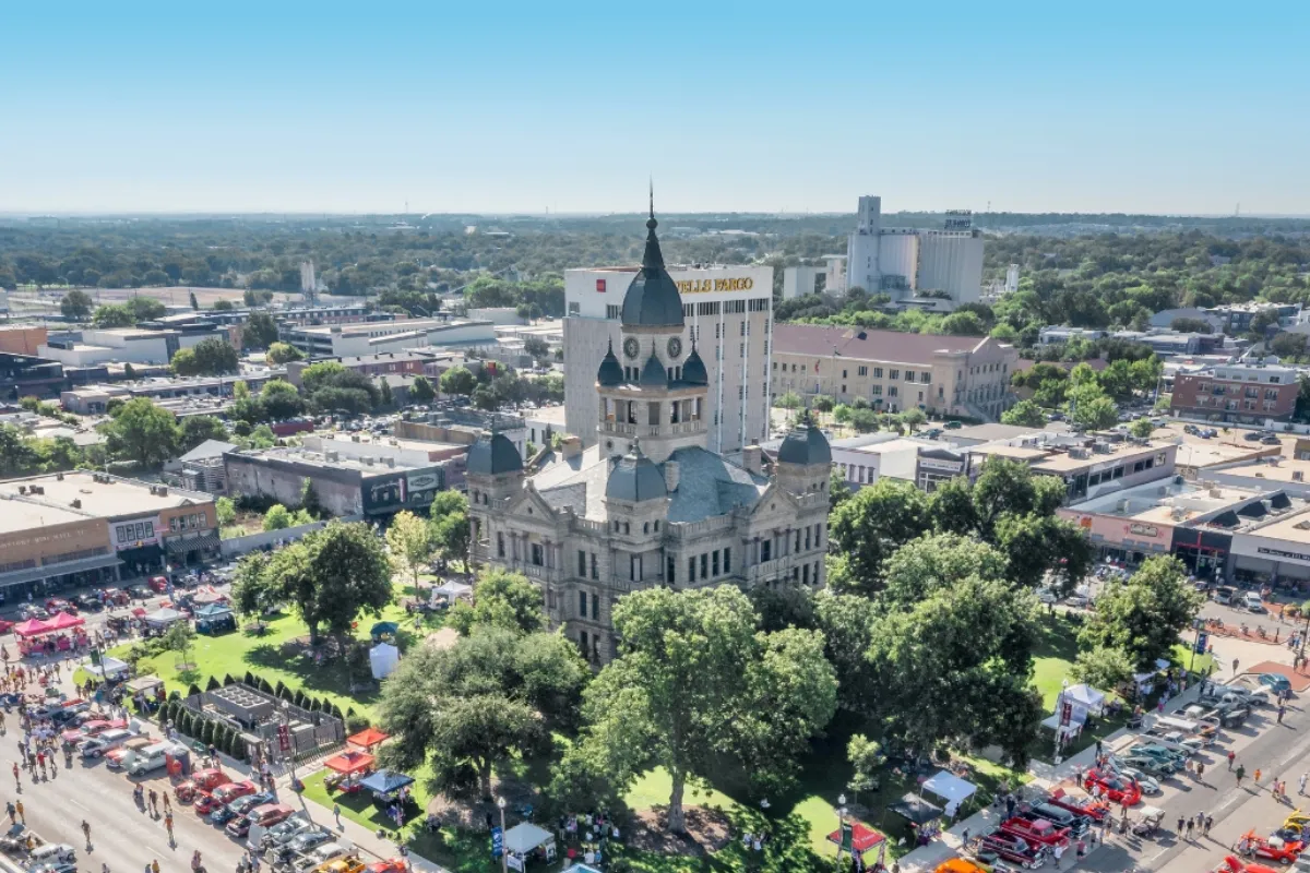 Aerial view of the Downtown Denton Square in Denton, Texas