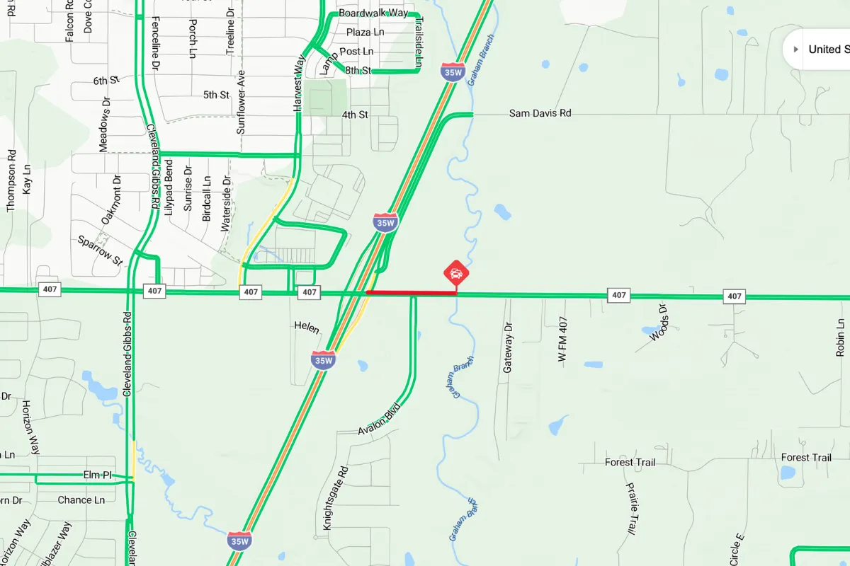 Traffic points on a map of the Argyle Texas area
