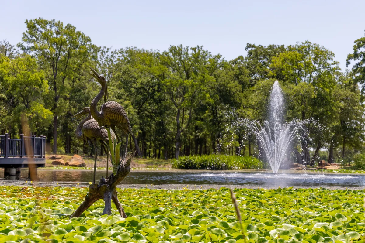 Bronze heron sculpture and pond at Heritage Park in Flower Mound, Texas