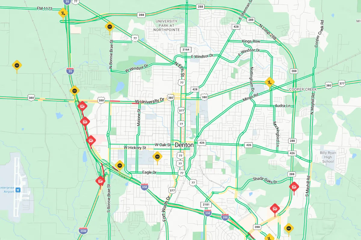 Interstate and commute routes around Denton Texas