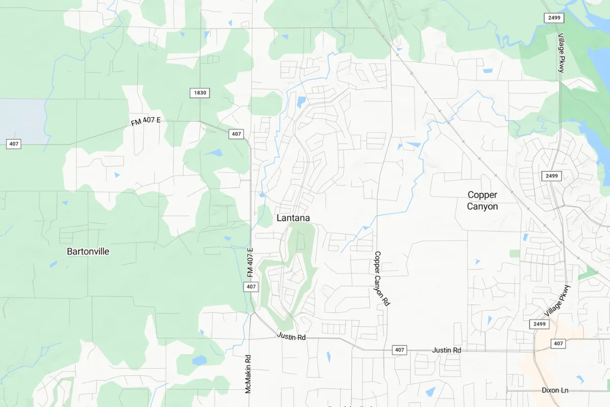 Established homes and neighborhood streets in Lantana Texas