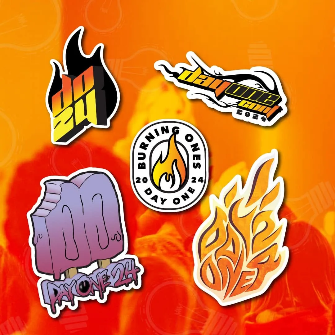 Day One 2024 sticker collection on orange background