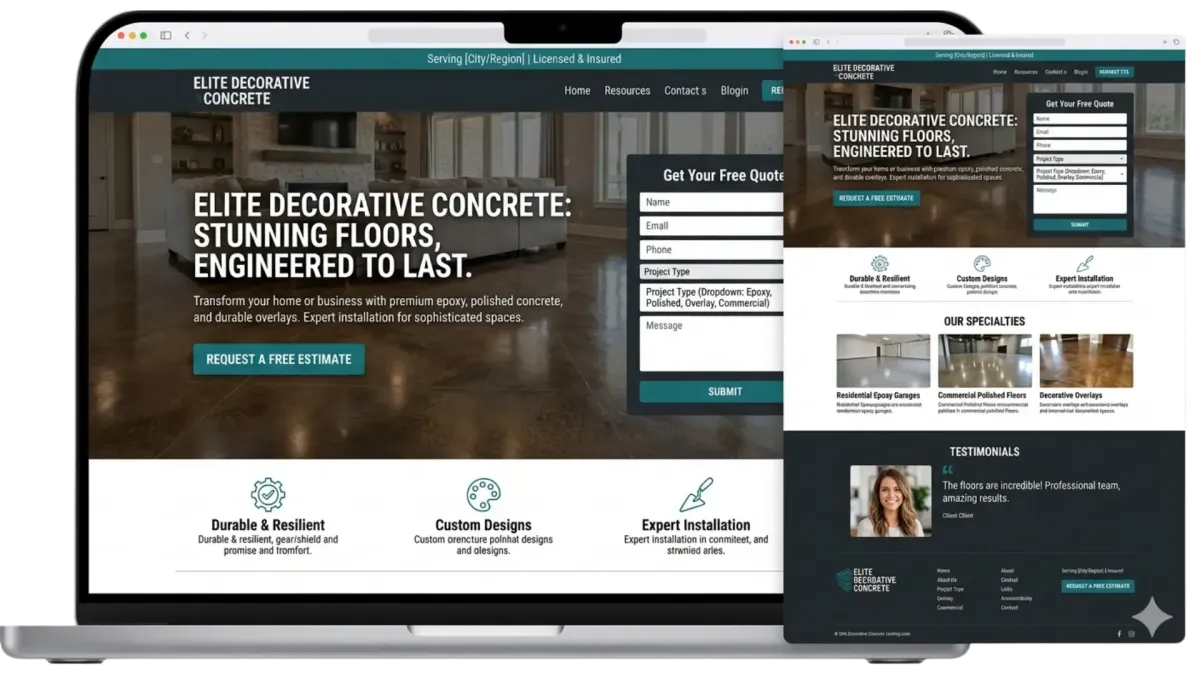 A MacBook laptop mockup displaying a high-converting landing page for a decorative concrete company, featuring a 'Request a Free Estimate' form and professional images of polished epoxy garage floors.
