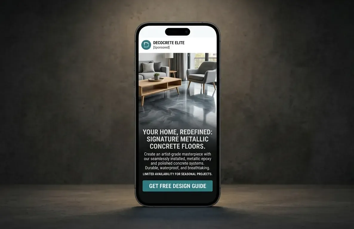 A premium iPhone mockup displaying a Facebook advertisement for DecoCrete Elite, featuring a luxury metallic epoxy living room floor and a 'Get Free Design Guide' call-to-action button.
