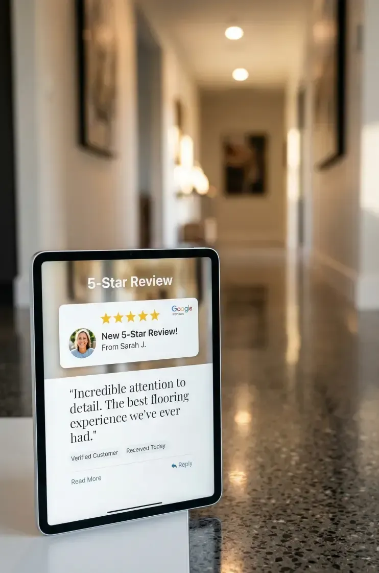A high-end 2:3 vertical image focused on automated social proof. A modern tablet (like an iPad) is propped up on a clean white surface in the foreground. The tablet screen displays a polished, clean notification for "5-Star Review!" from a specific verified customer (Sarah J.), including a Google Reviews logo and five glowing gold stars. The text below reads: "Incredible attention to detail. The best flooring experience we've ever had." The background features a long, warm, softly lit, deeply out-of-focus polished concrete hallway with exceptional depth, reinforcing the quality and craftsmanship that leads to such high-value testimonials. This image perfectly illustrates the "set-it-and-forget-it" mechanism of an automated reputation management system.