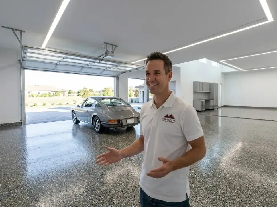 A professional and authentic portrait of Brian Chancy, founder of DecoCrete Digital and former owner of Rock Solid Flooring Systems. Brian is standing confidently on a premium, high-gloss grey flake epoxy garage floor that shows exceptional reflectivity and craftsmanship. He is wearing a professional black polo featuring the Rock Solid Flooring logo, directly connecting his past hands-on experience in the decorative concrete trade to his current digital expertise. In the background, a high-end white vehicle is parked, subtly signaling the successful, high-ticket lifestyle that his flooring and marketing systems help contractors achieve. The lighting is bright and clean, emphasizing the "work-ready" and "industry-expert" persona.