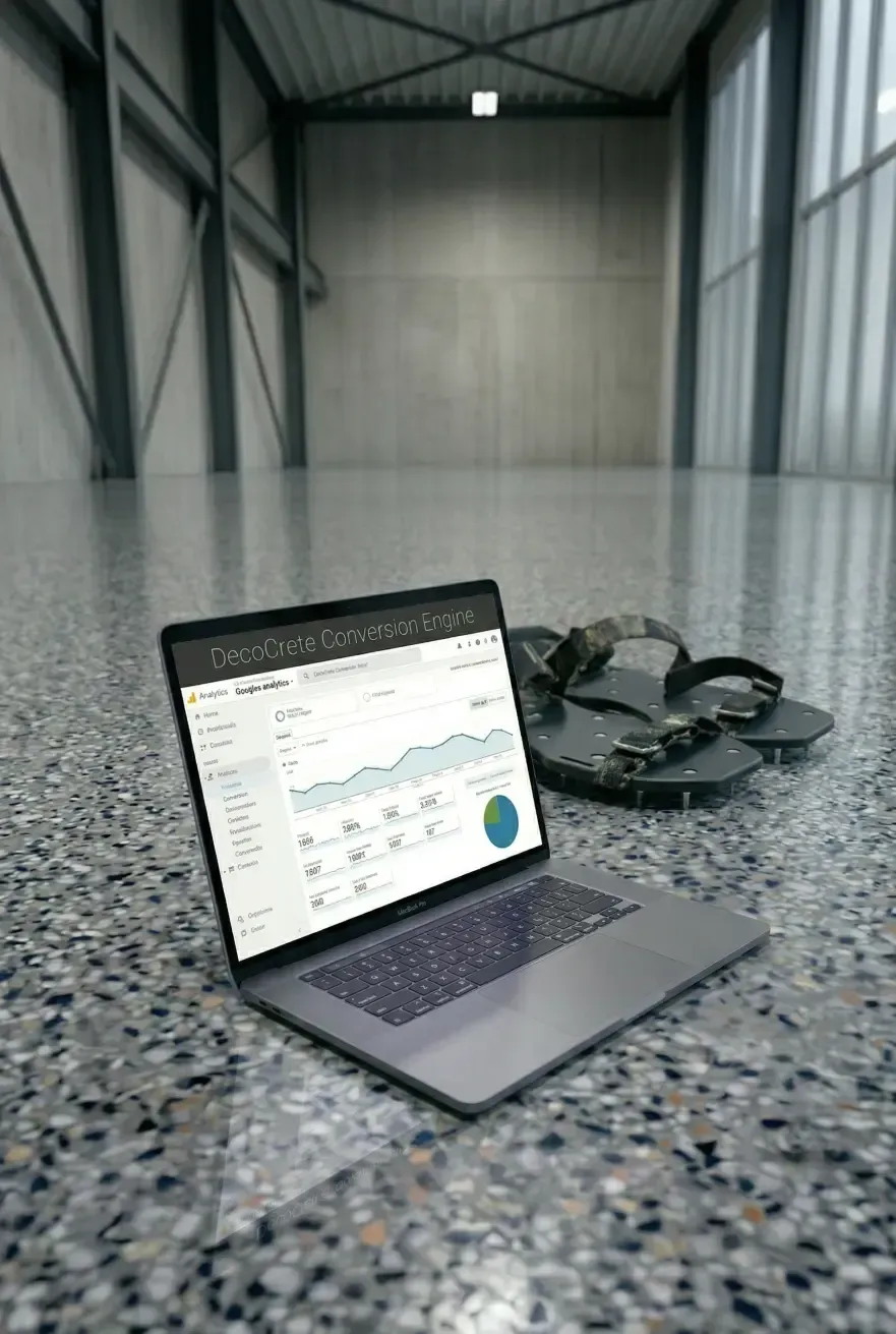 A close-up, high-definition photograph of a modern MacBook Pro laptop positioned in the foreground, displaying a clear "DecoCrete Conversion Engine" analytics dashboard on the screen with graphs and data. The laptop rests on a highly-polished terrazzo concrete floor that shows intricate stone aggregates. In the slightly out-of-focus mid-ground behind the laptop is a pair of heavy-duty spiked contractor shoes (epoxy spikes) which are significantly caked with layered epoxy and concrete residue. The background is a clean, modern warehouse interior with exposed concrete walls and steel support structures, well-lit with diffused natural light, emphasizing a shallow depth of field. This image merges the concept of precise digital marketing results (laptop) with the rugged, hands-on experience of the decorative concrete trade (messy spikes).