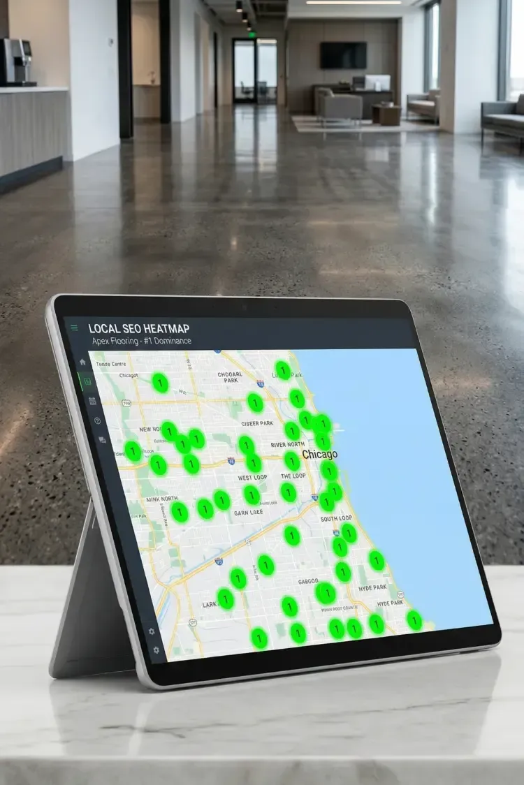 A high-resolution 2:3 vertical image featuring a modern tablet propped up on a clean white marble surface. The tablet screen displays a "Local SEO Heatmap" of a metropolitan area, populated with numerous vibrant green circles indicating "#1 Dominance" rankings across multiple high-value neighborhoods. The background features a deep-focus view of a vast, high-gloss polished concrete hallway with exceptional clarity and reflectivity. This visual bridges the gap between technical search engine optimization and the physical scale of commercial decorative concrete projects, illustrating complete geographic market authority.