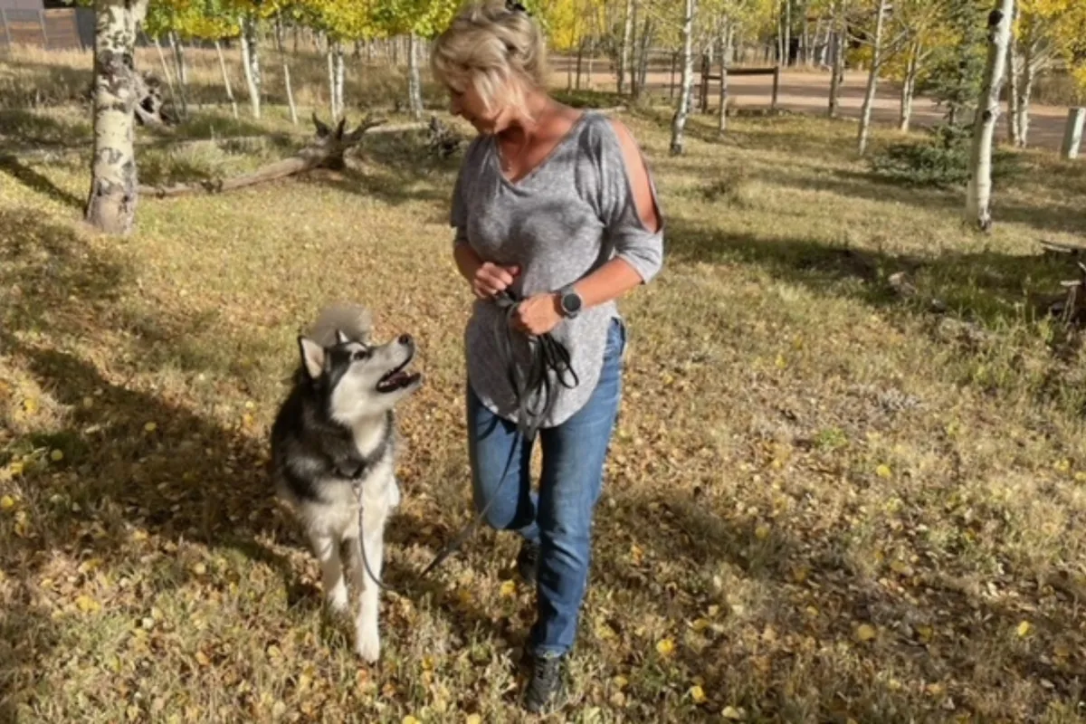 Person standing at park with dog on left side giving attention