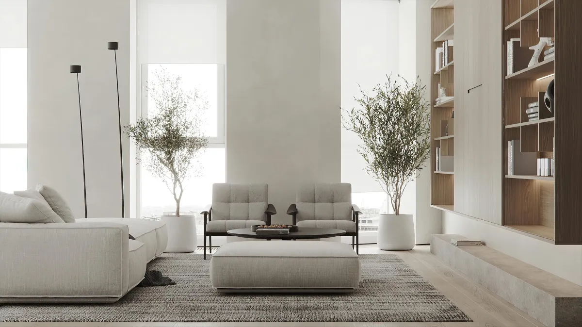 a modern living room with a large window