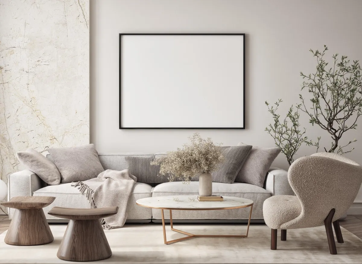 a modern living room with a large sofa