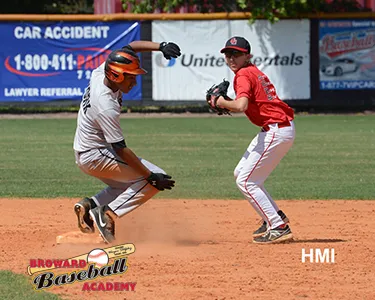 Coach guiding young player during batting practice at Broward Baseball Academy, with supportive teammates watching nearby.