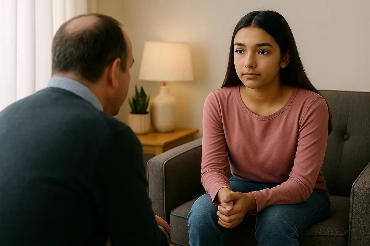 ACT therapy session at Cornerstone Wellness Center in Medina, OH, with therapist David Reece and a Latina teen client in a bright, encouraging therapy space.