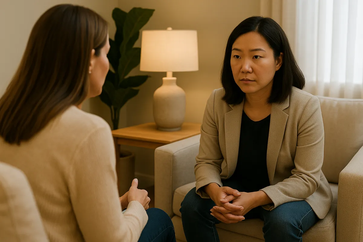 ACT therapy session at Cornerstone Wellness Center in Medina, OH, with therapist Christine Zeh and a middle-aged Asian American female client in a welcoming environment.