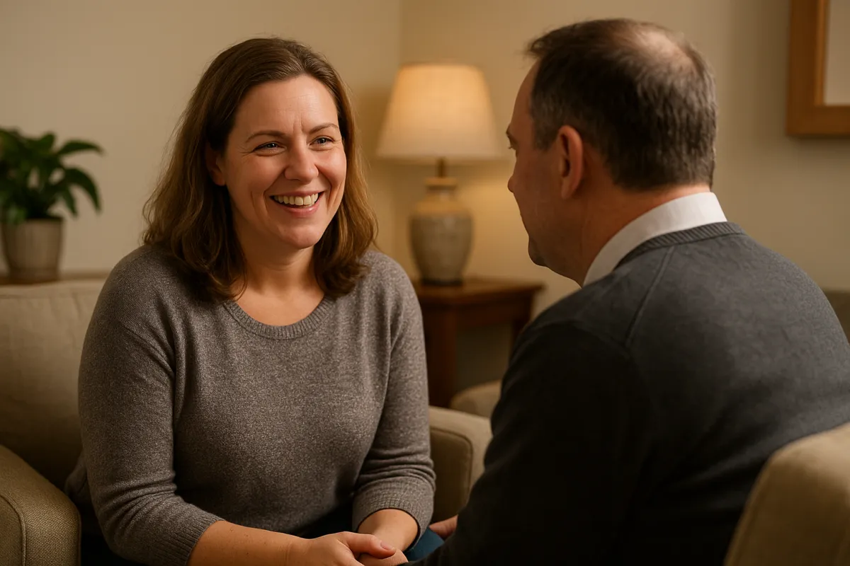A supportive ACT therapy moment at Cornerstone Wellness Center in Medina, OH, depicting a therapist and client during a transformative breakthrough in a caring setting.