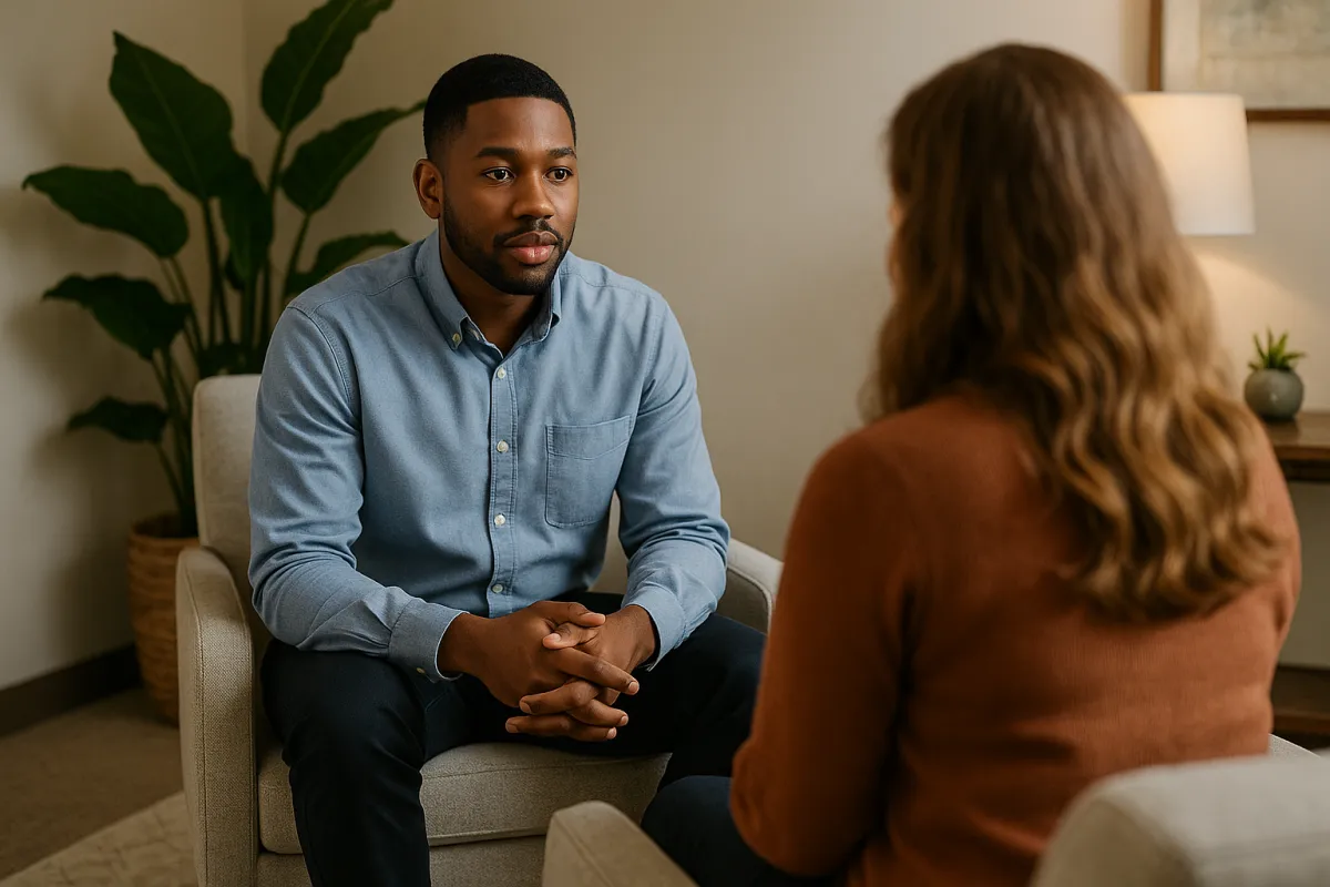 ACT therapy session at Cornerstone Wellness Center in Medina, OH, with therapist Amanda Hill and a young African American male client in a peaceful therapy room.