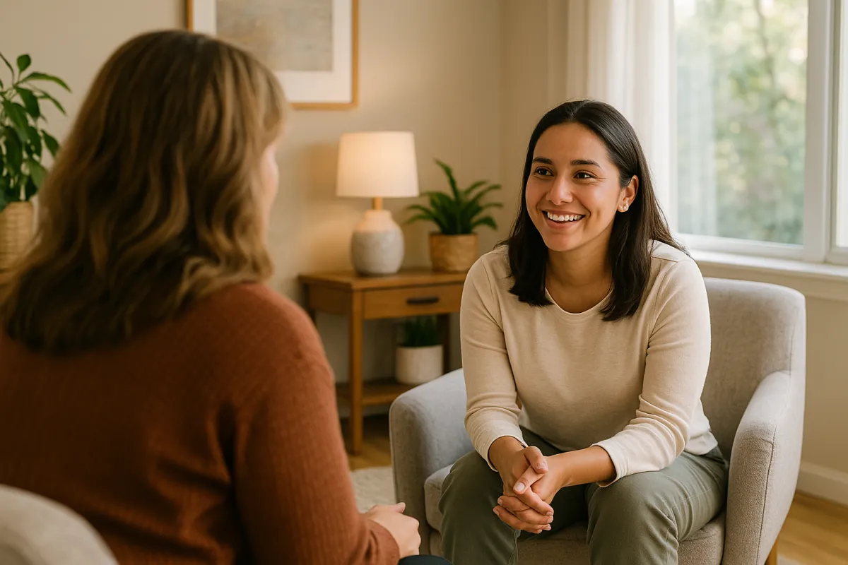 Acceptance and Commitment Therapy session at Cornerstone Wellness Center in Medina, OH, highlighting the supportive relationship between therapist and client in a nurturing environment.