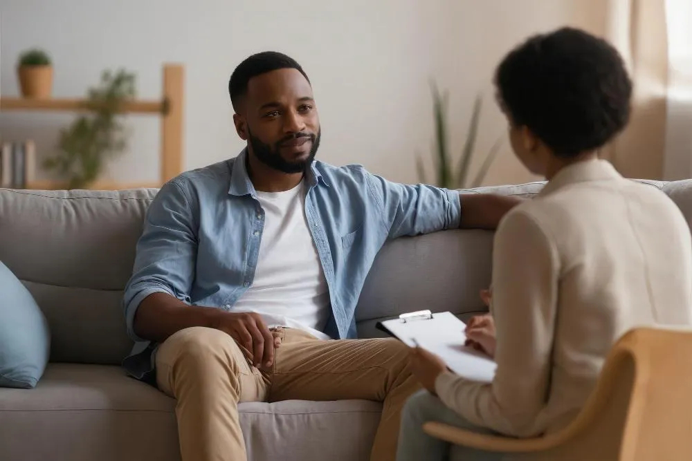 Acceptance and Commitment Therapy session at Cornerstone Wellness Center in Medina, OH, highlighting the supportive relationship between therapist and client in a nurturing environment.