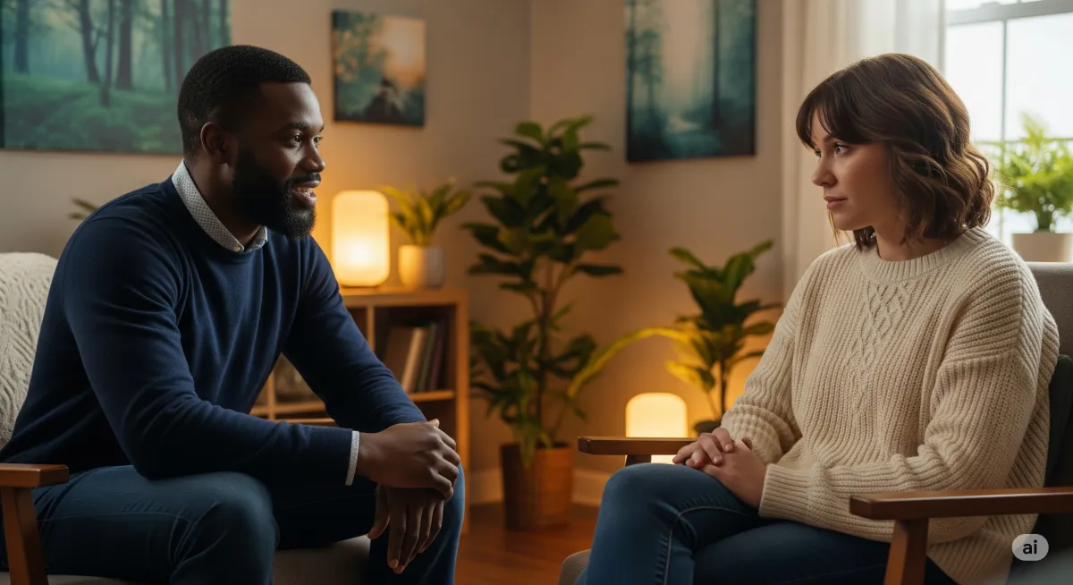 Acceptance and Commitment Therapy session at Cornerstone Wellness Center in Medina, OH, highlighting the supportive relationship between therapist and client in a nurturing environment.