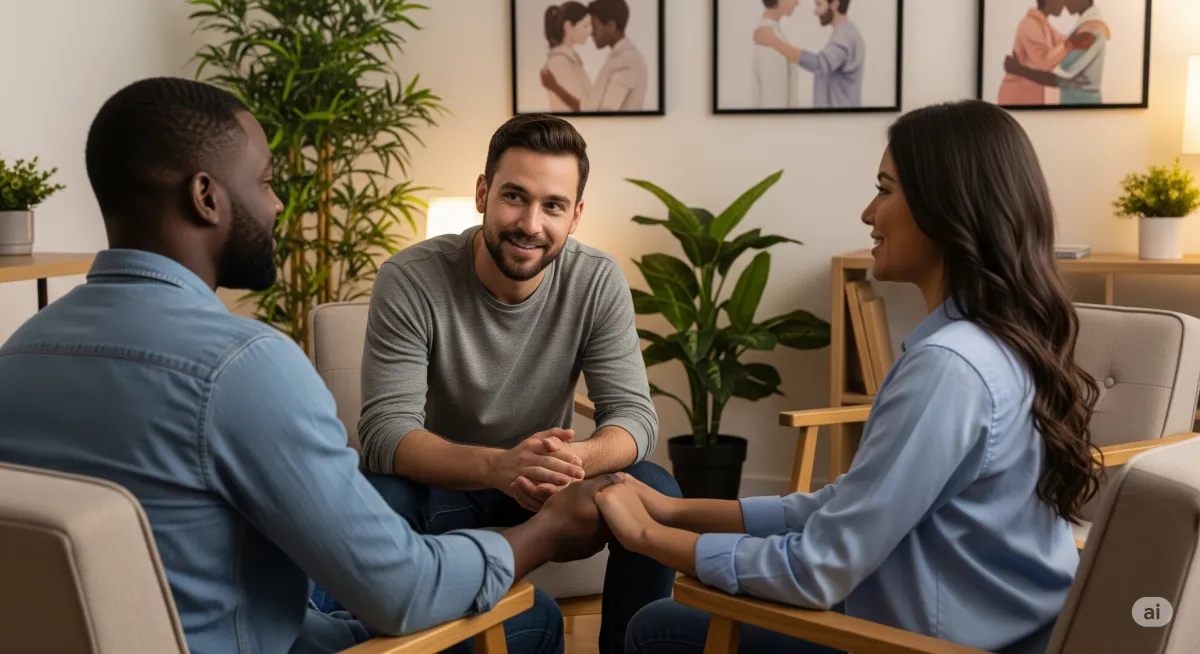 A supportive ACT therapy moment at Cornerstone Wellness Center in Medina, OH, depicting a therapist and client during a transformative breakthrough in a caring setting.