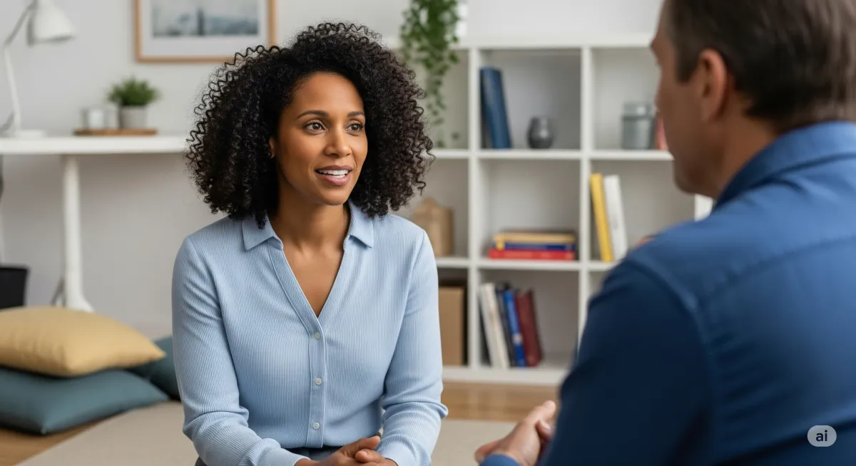 ACT therapy session at Cornerstone Wellness Center in Medina, OH, with therapist David Reece and a Latina teen client in a bright, encouraging therapy space.