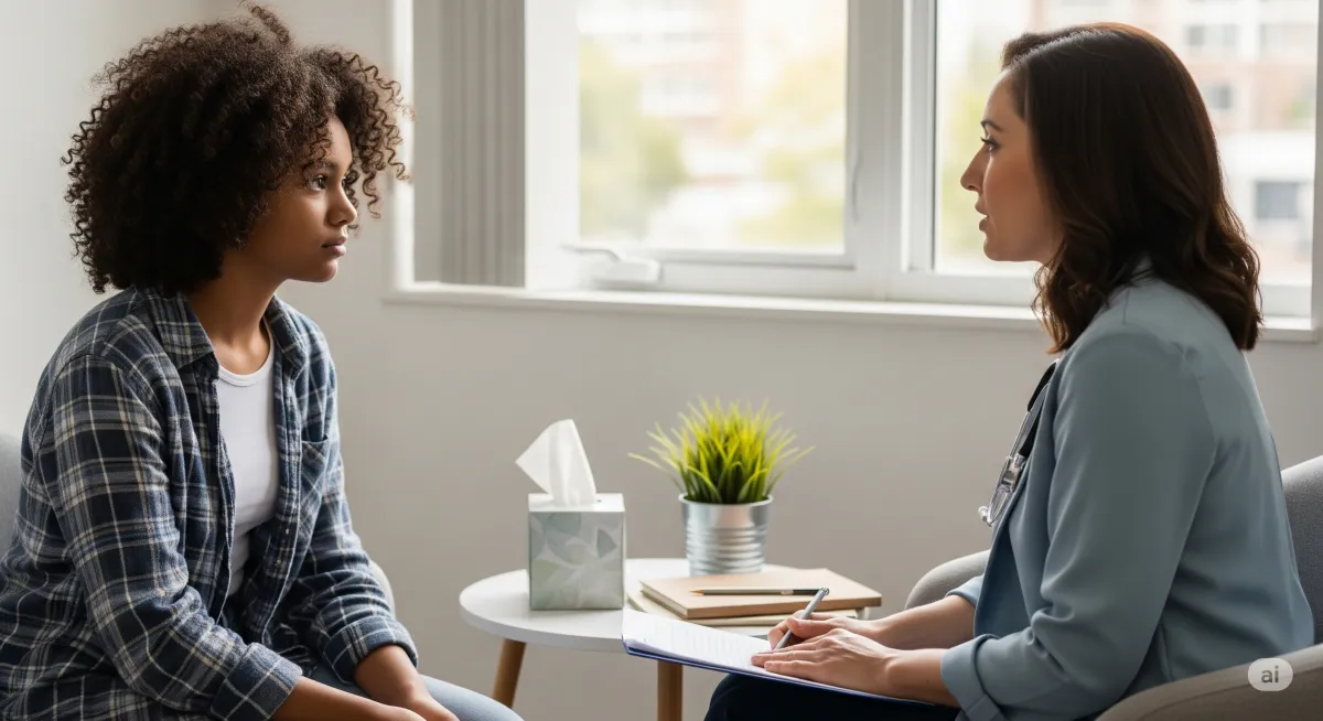 ACT therapy session at Cornerstone Wellness Center in Medina, OH, with therapist David Reece and a Latina teen client in a bright, encouraging therapy space.
