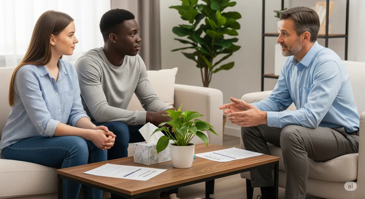 A supportive ACT therapy moment at Cornerstone Wellness Center in Medina, OH, depicting a therapist and client during a transformative breakthrough in a caring setting.