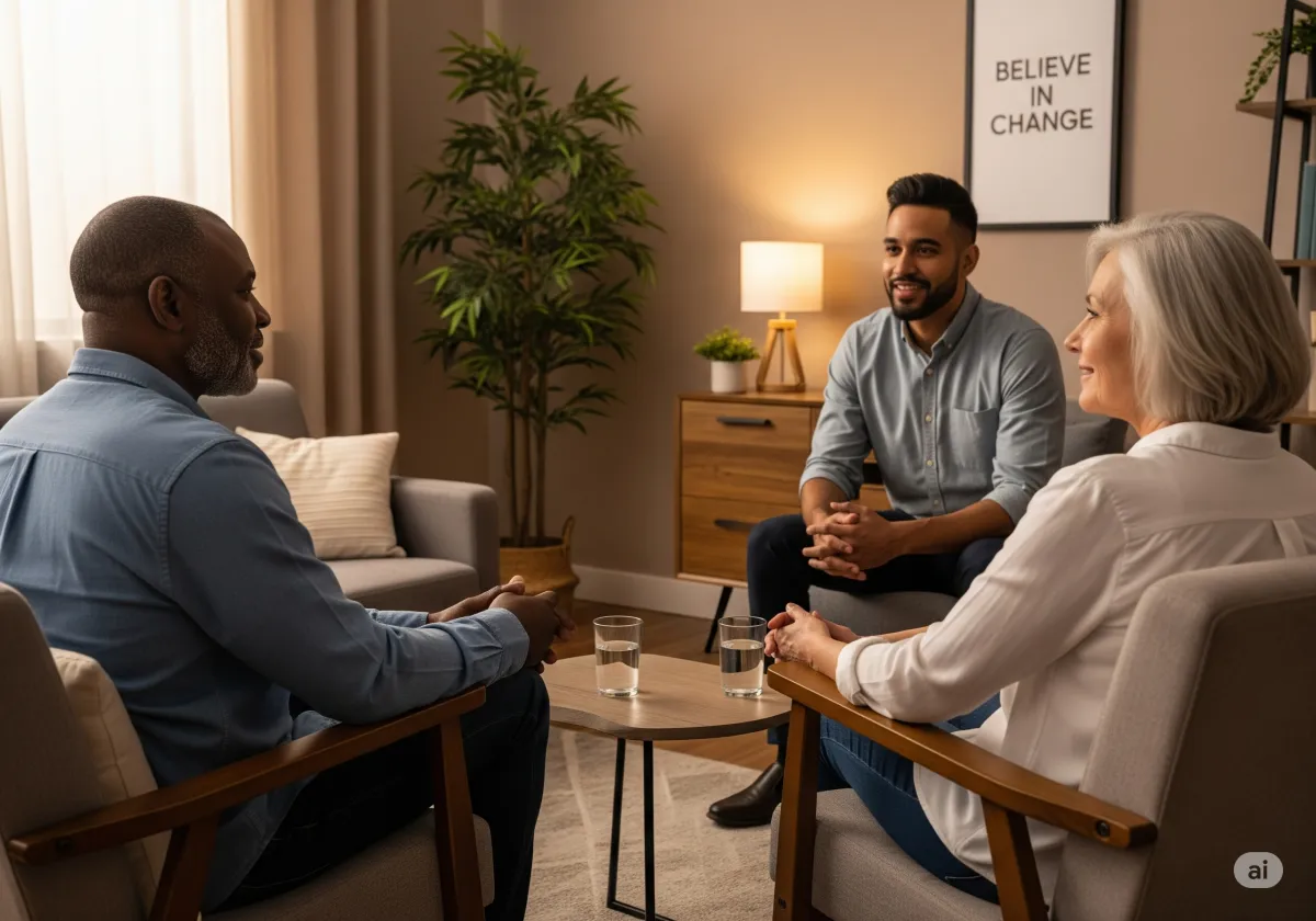 A supportive ACT therapy moment at Cornerstone Wellness Center in Medina, OH, depicting a therapist and client during a transformative breakthrough in a caring setting.