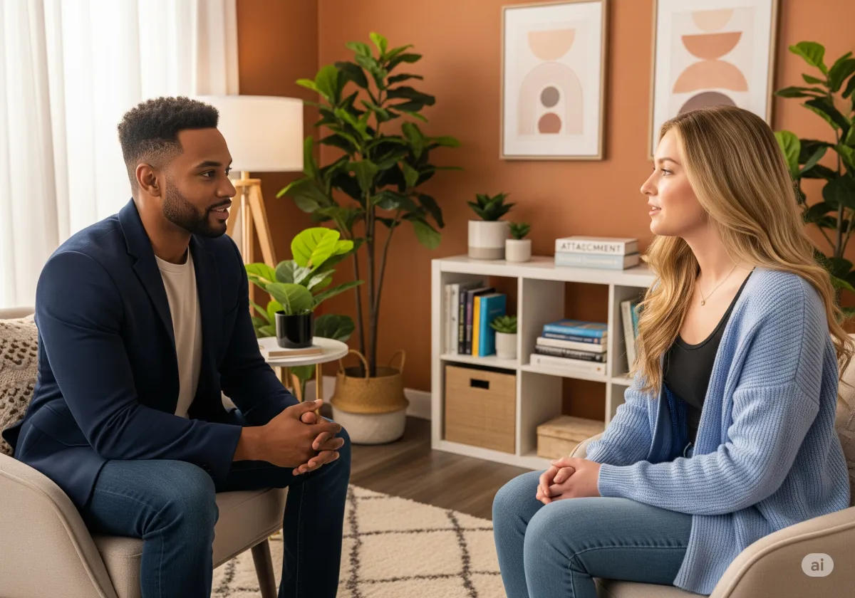 Acceptance and Commitment Therapy session at Cornerstone Wellness Center in Medina, OH, highlighting the supportive relationship between therapist and client in a nurturing environment.