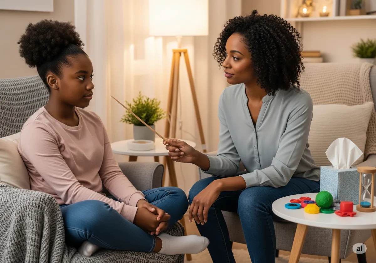 ACT therapy session at Cornerstone Wellness Center in Medina, OH, with therapist Amanda Hill and a young African American male client in a peaceful therapy room.