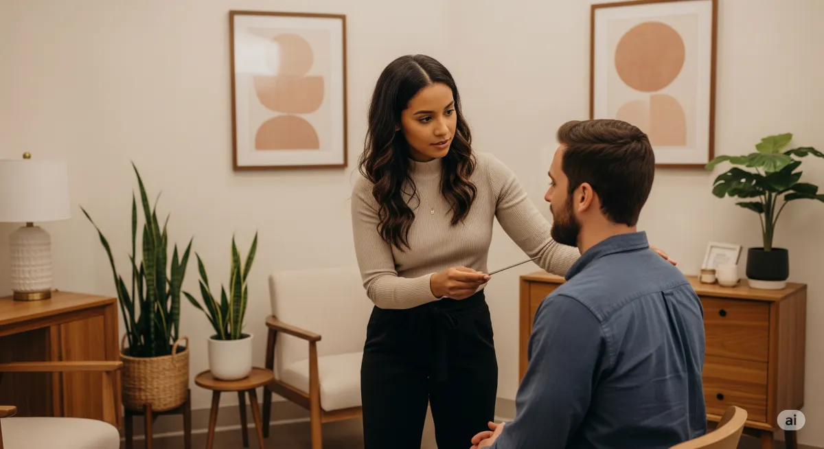 A supportive ACT therapy moment at Cornerstone Wellness Center in Medina, OH, depicting a therapist and client during a transformative breakthrough in a caring setting.