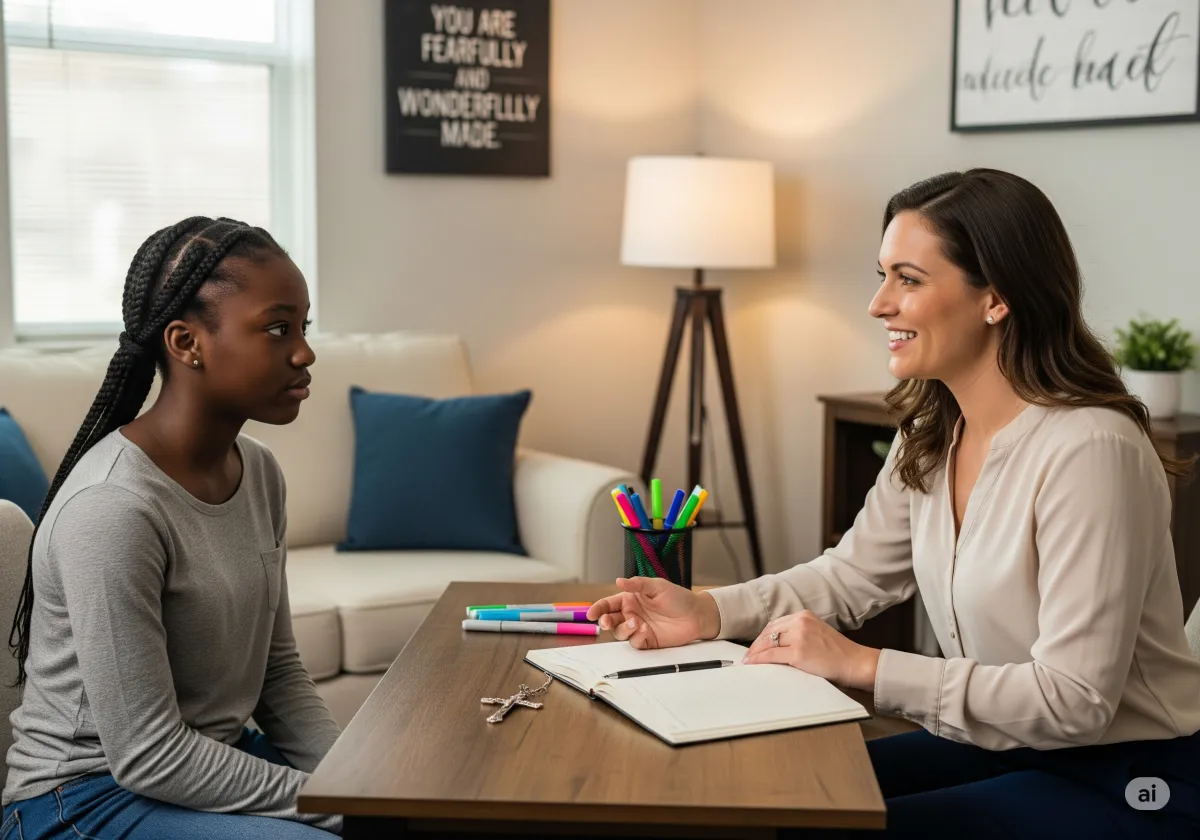 ACT therapy session at Cornerstone Wellness Center in Medina, OH, with therapist Christine Zeh and a middle-aged Asian American female client in a welcoming environment.