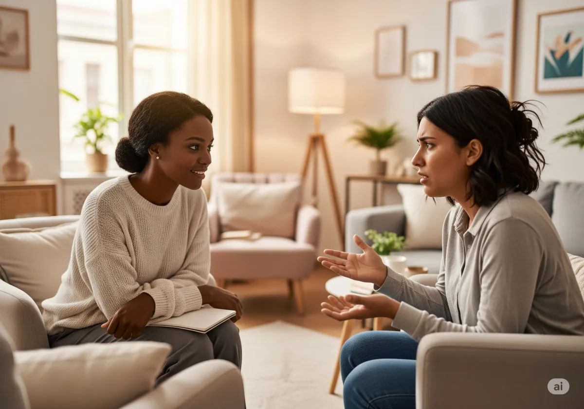 Acceptance and Commitment Therapy session at Cornerstone Wellness Center in Medina, OH, highlighting the supportive relationship between therapist and client in a nurturing environment.