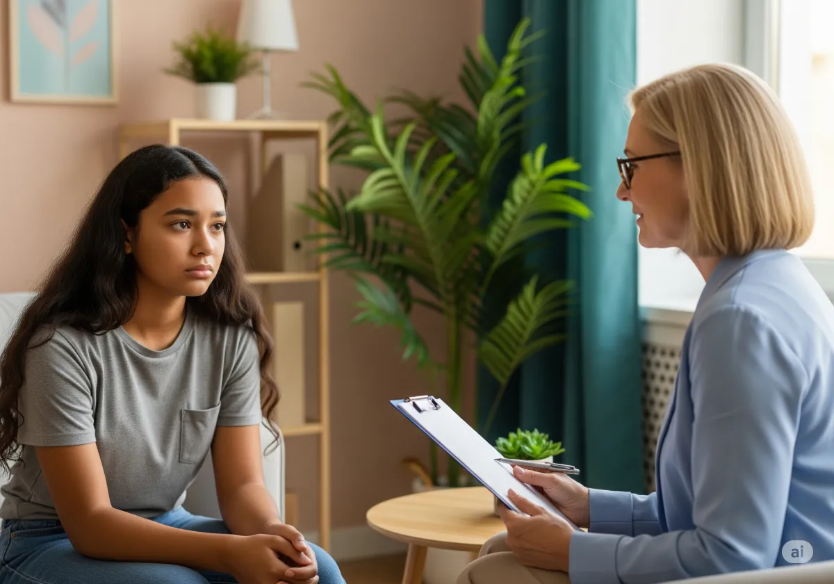 ACT therapy session at Cornerstone Wellness Center in Medina, OH, with therapist David Reece and a Latina teen client in a bright, encouraging therapy space.