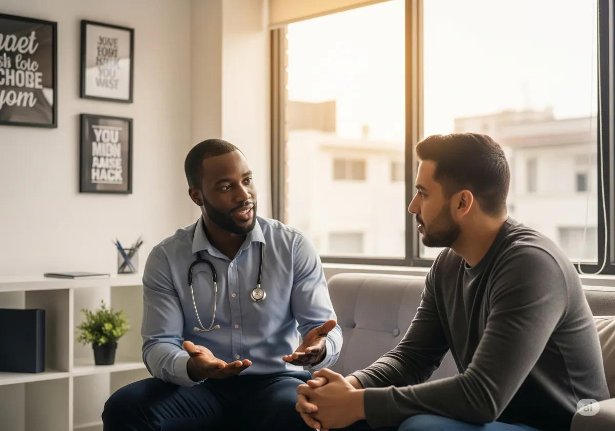 ACT therapy session at Cornerstone Wellness Center in Medina, OH, with therapist Amanda Hill and a young African American male client in a peaceful therapy room.