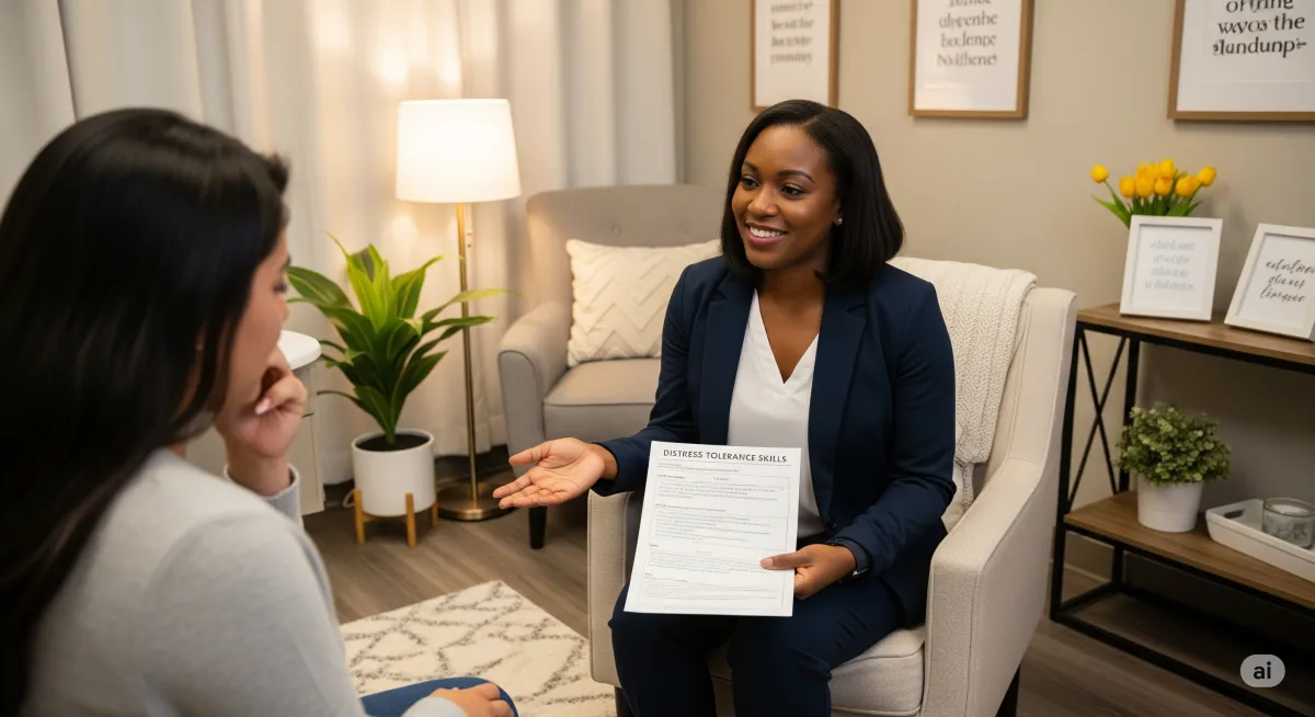 A supportive ACT therapy moment at Cornerstone Wellness Center in Medina, OH, depicting a therapist and client during a transformative breakthrough in a caring setting.